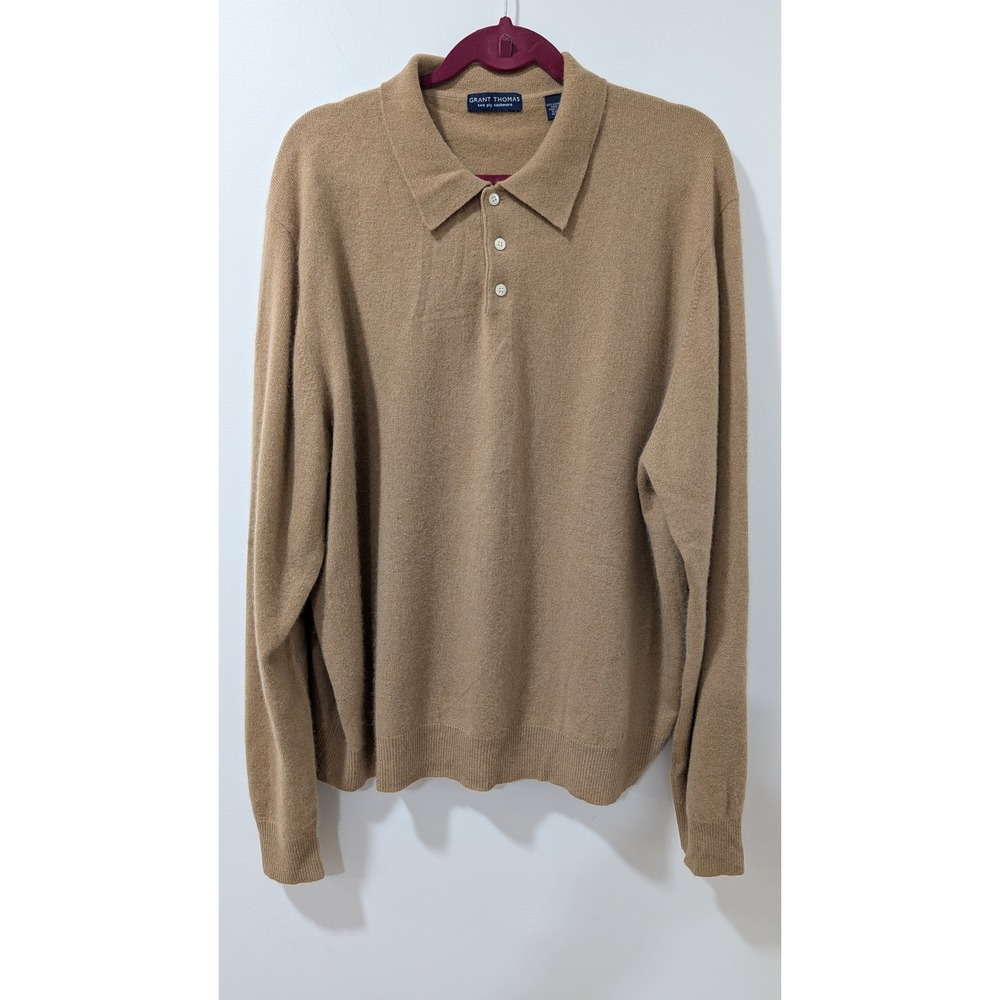 Grant Thomas 100% Cashmere Polo Sweater Mens XXL Camel Tan 2-Ply Knit Top